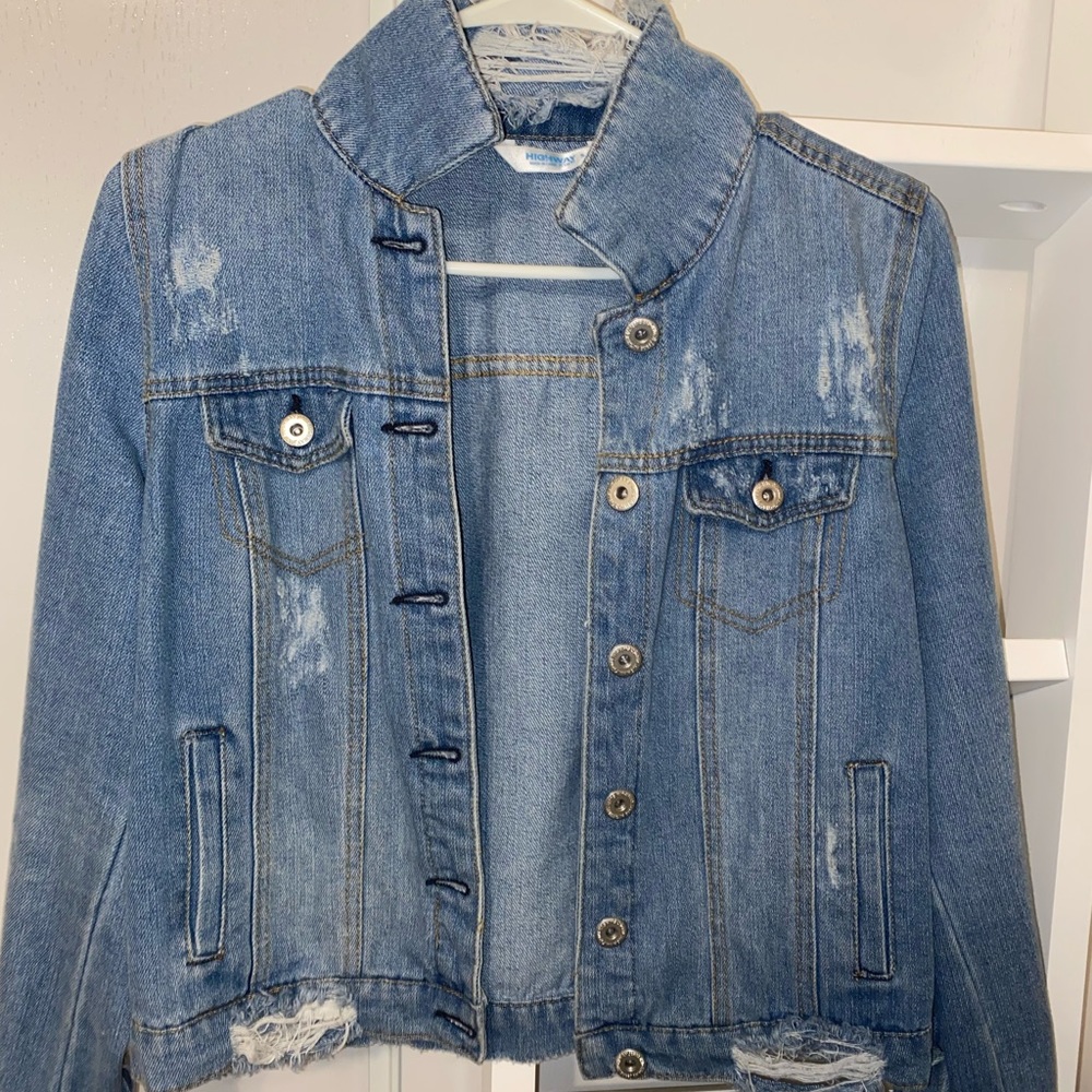distressed cropped jean jacket, US size small.